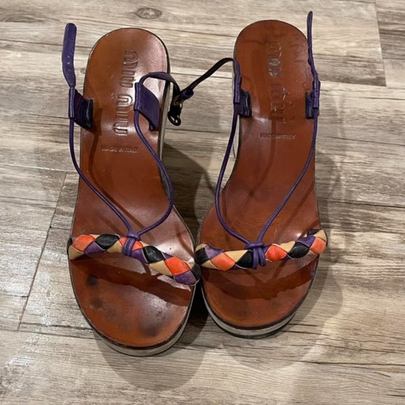 MIU MIU 90s/ 2000s boho hippie lace up platform wedge multi color leather woven - Picture 2 of 4
